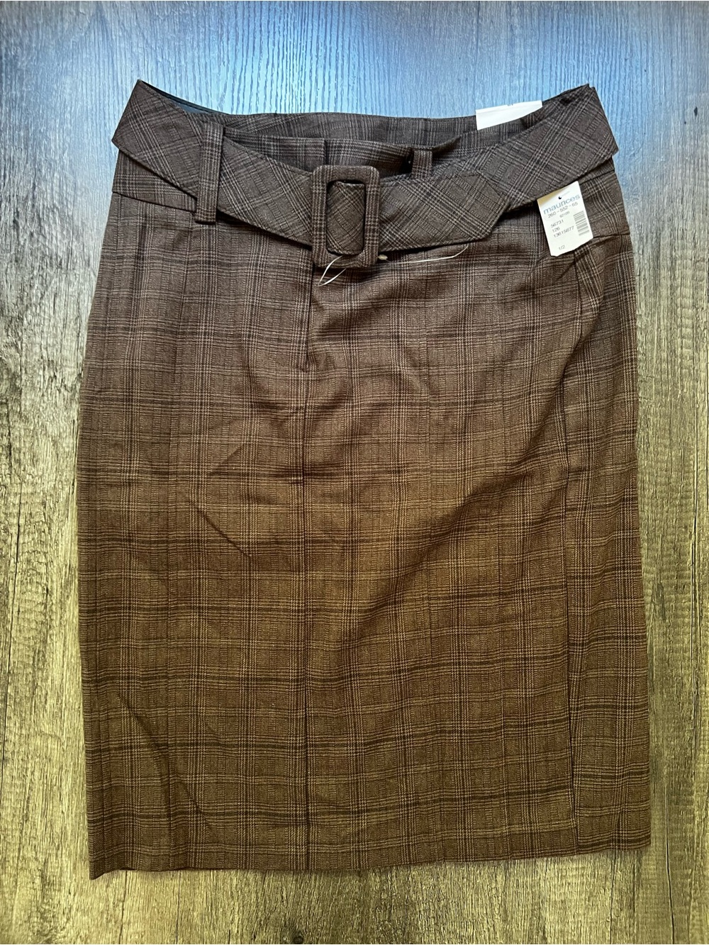 Women's Brown Plaid Belted Pencil Skirt